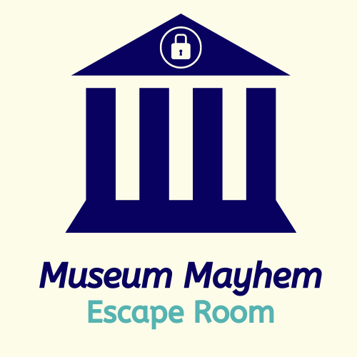 An image of a museum with the text Museum Mayhem Escape Room